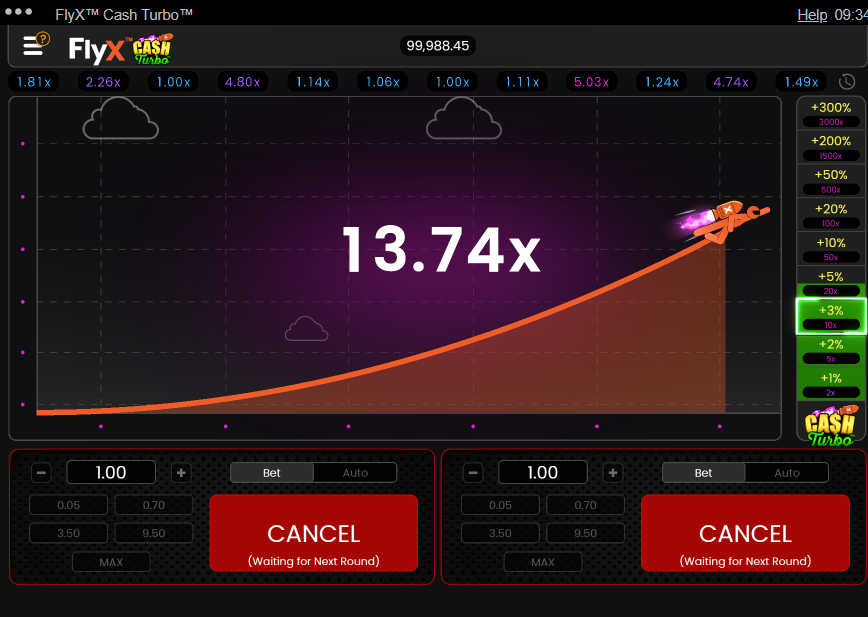 FlyX Cash Turbo Crash Game Gameplay 13x win