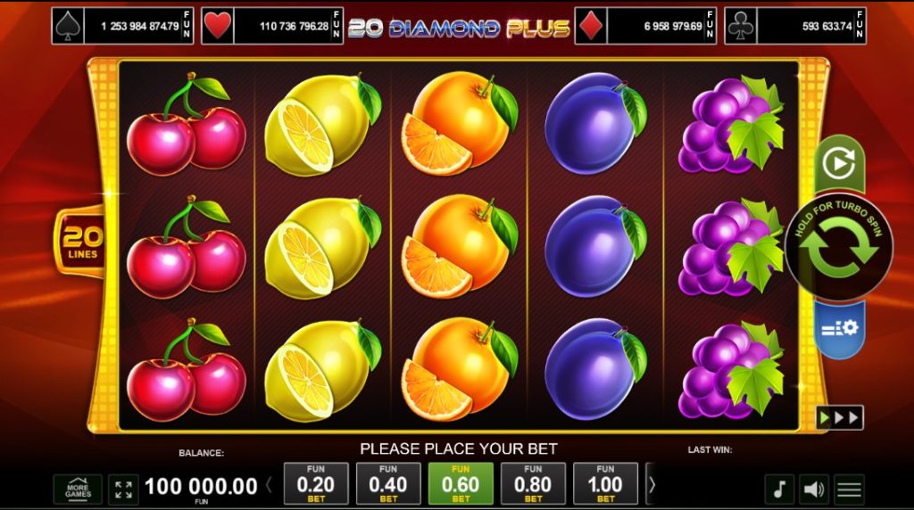 20 Diamond Plus by Amusnet slot gameplay screen