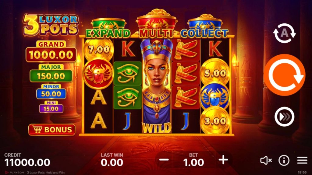 3 Luxor Pots by Playson slot gameplay screen